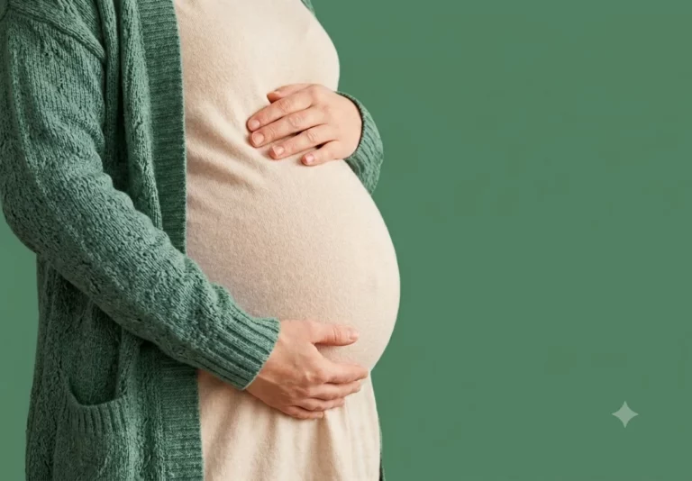 Eine schwangere Frau legt ihre Hände auf ihren Bauch.